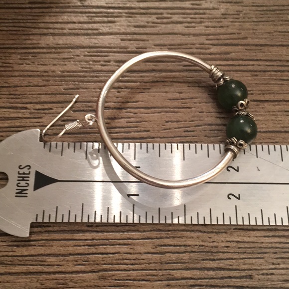 Vtg Sterling Circle Earrings Green Stone Beads - Picture 6 of 8